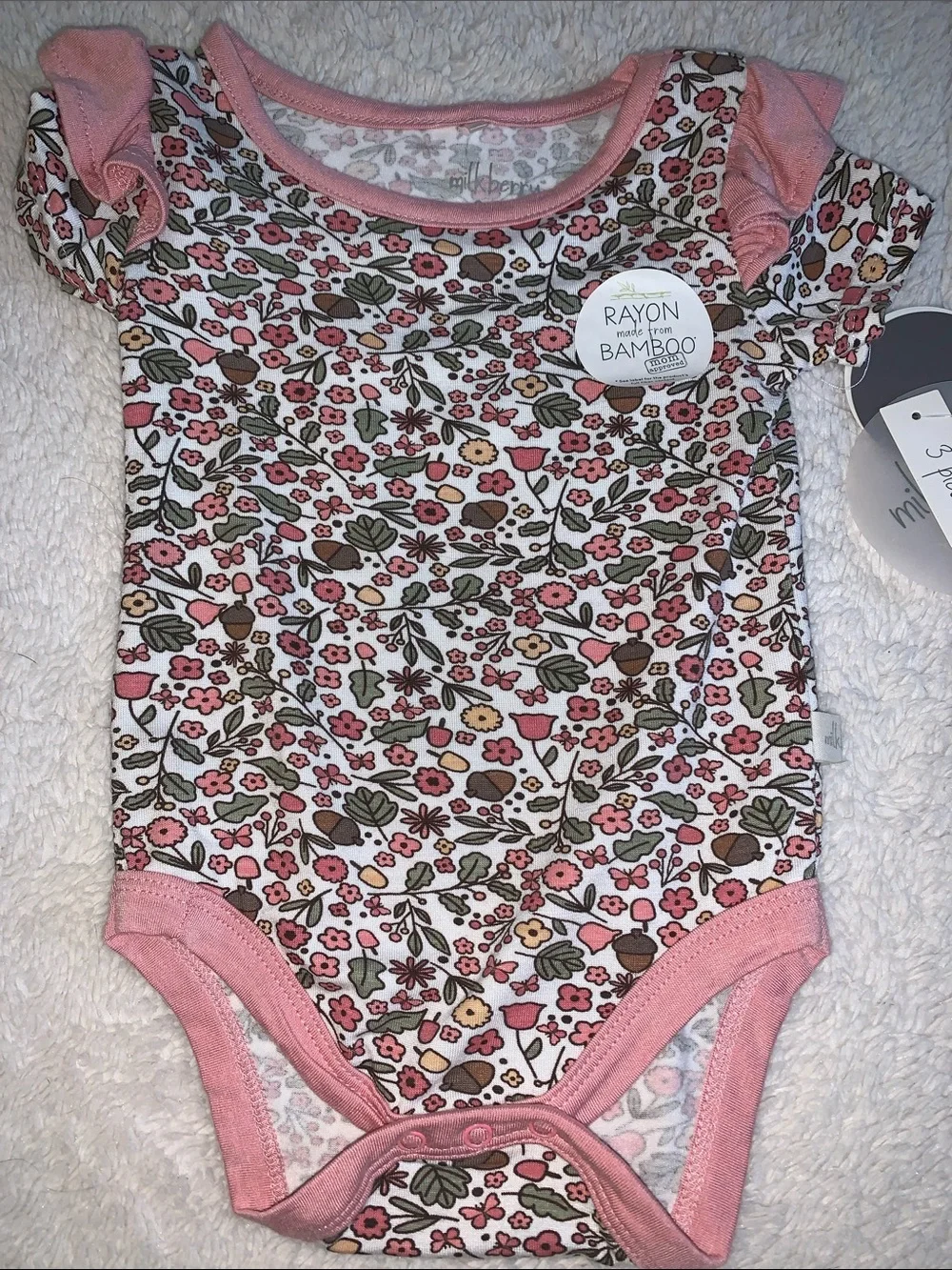 NWT Milkberry 3pc Set 3-6M Bamboo Bodysuit Pants Headband Acorns